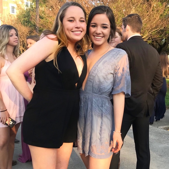 Blue Grey Embroidered Lace Romper - Picture 1 of 6